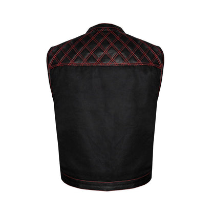 Mens Black Denim & Leather Motorcycle Club Vest Red Thread Zipper Front, Diamond Padding