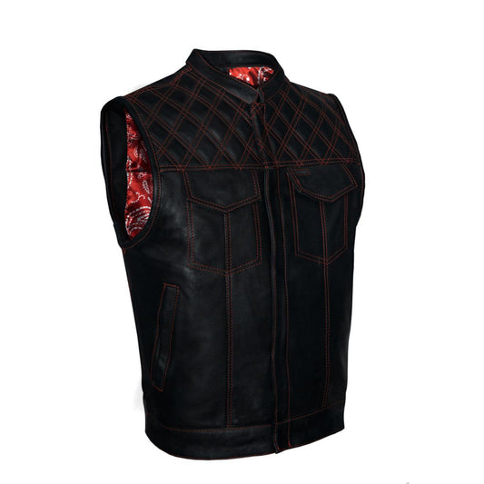 Mens Leather Club Vest Red Thread, Red Paisley Lining, Zipper Front, Diamond Padding