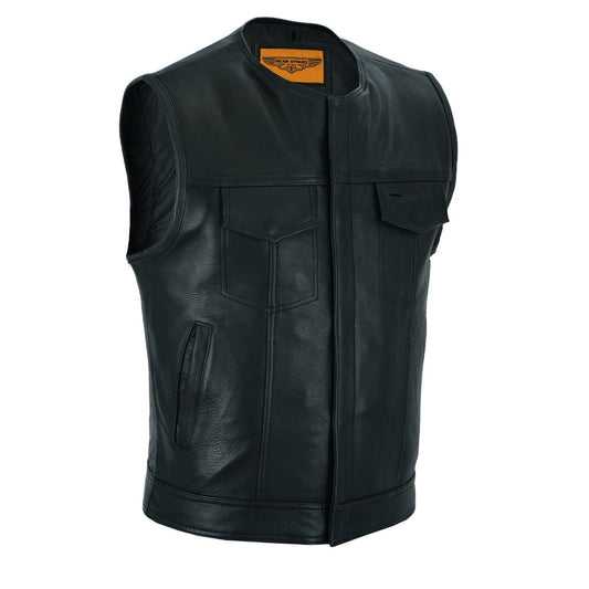 Dream Apparel Mens Motorcycle Collarless CLUB VEST with Black Liner & Zipper Front Closure