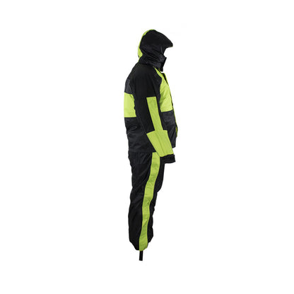 Two-Piece Black & Fluorescent Rain Suit With Zippered Side Seams