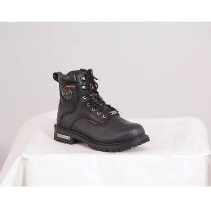 Men's Biker Waterproof Lace to Toe Design and Steel Toe 6 Inch Blk Leather Boot
