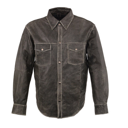 MEN’S DISTRESSED GREY LIGHTWEIGHT LEATHER SNAP FRONT SHIRT