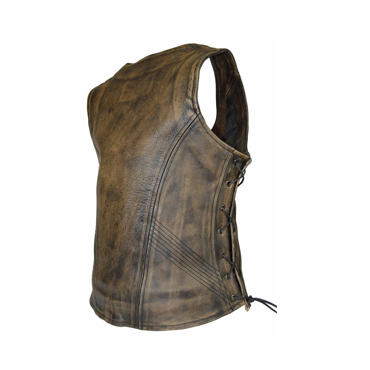 HIGH MILEAGE WOMEN'S DISTRESSED BROWN THREE-ZIPPER COWHIDE LEATHER VEST