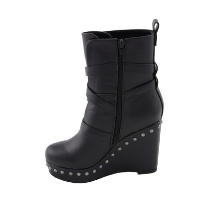 Womens Black Triple Strap Boot with Platform Wedge