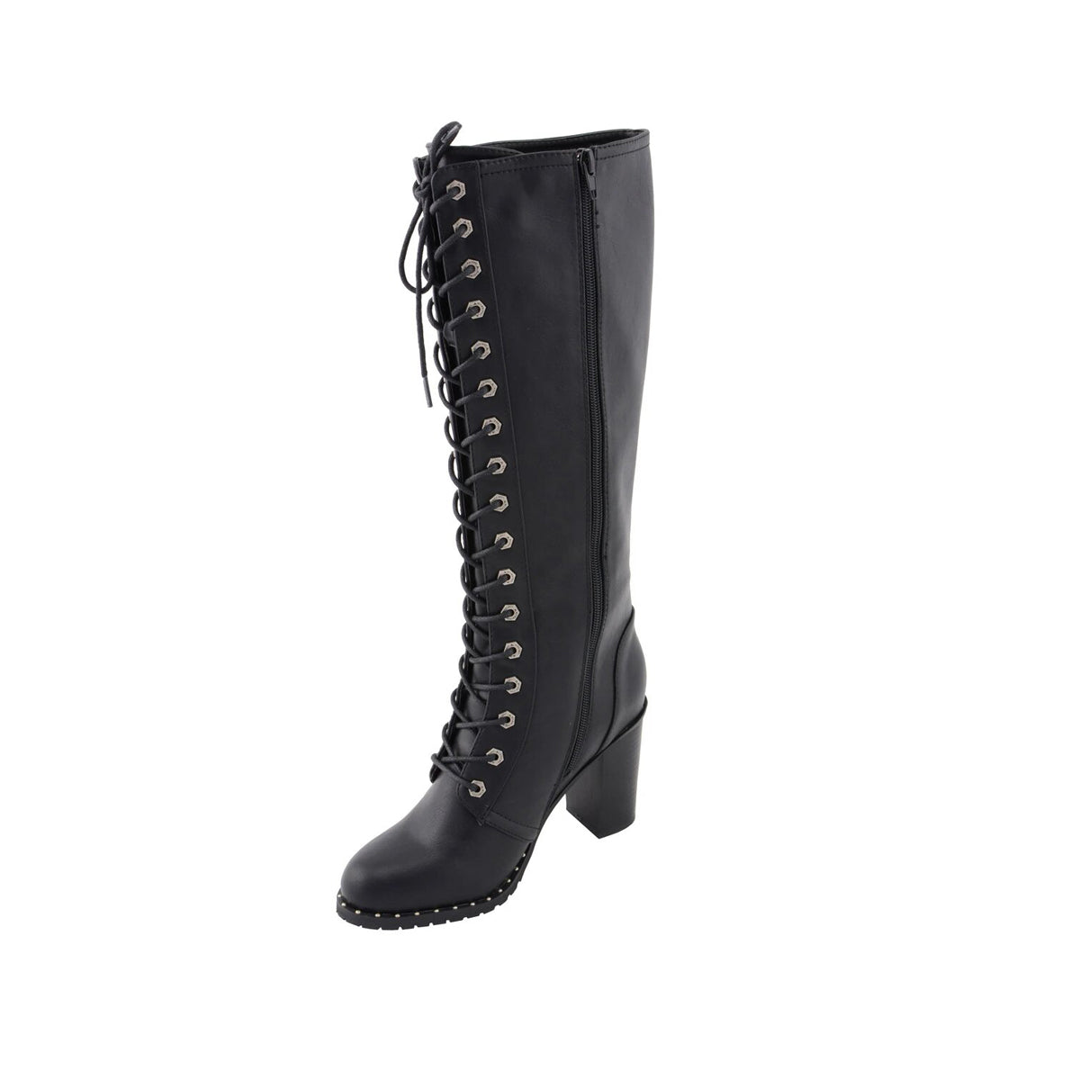 Women Black Lace-Up Tall Boots with Platform Heel