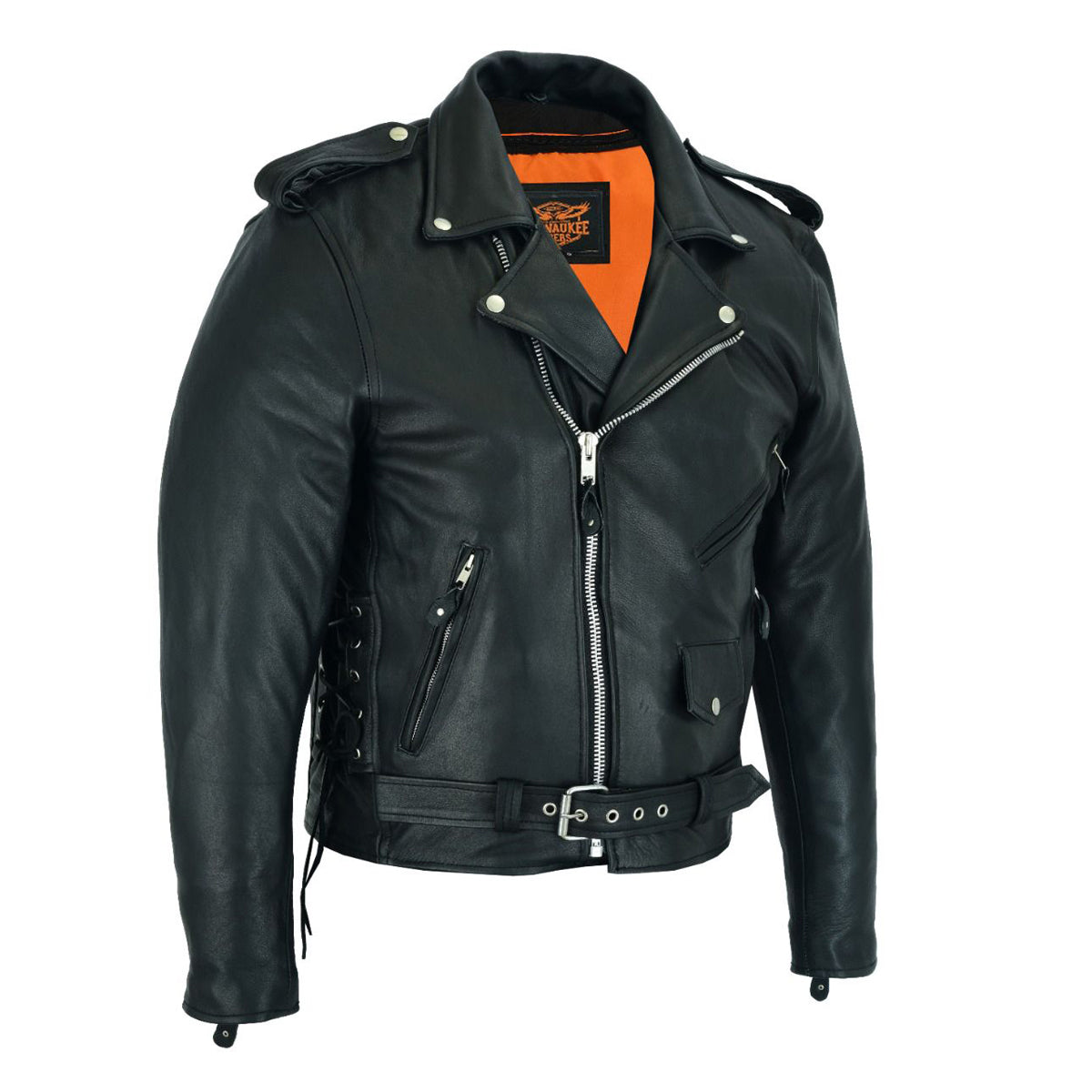 Mens Classic Police Style Motorcycle Jacket Side Laces By Milwaukee Riders®, Premium Cowhide Leather