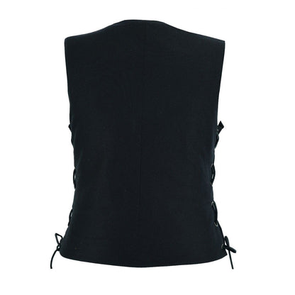 Ladies Black Denim, Side Laces 5 Snap Front Denim Vest