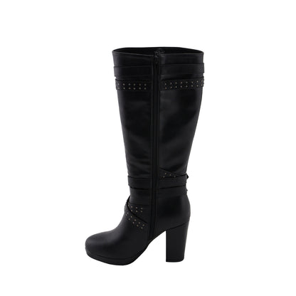 Womens Tall Black Studded Strap Boots with Platform Heel