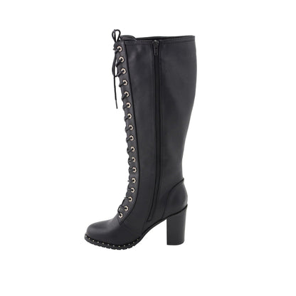 Women Black Lace-Up Tall Boots with Platform Heel