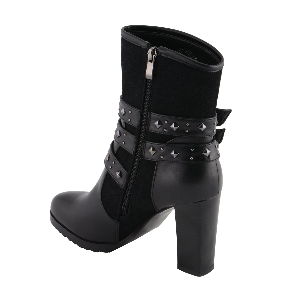 Womens Black Triple Buckle Strap Riding Boot with Block Heel