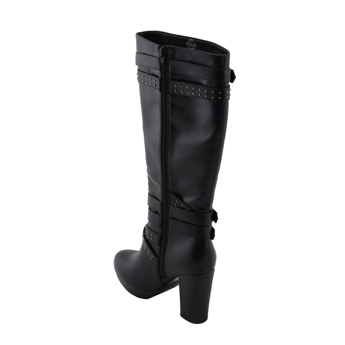 Womens Tall Black Studded Strap Boots with Platform Heel