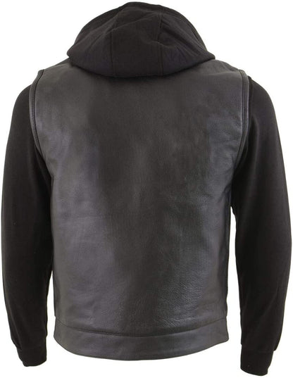Men's Black Leather Club Style Vest with Full Sleeve Hoodie and Quick Draw Pocket