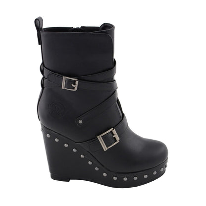 Womens Black Triple Strap Boot with Platform Wedge