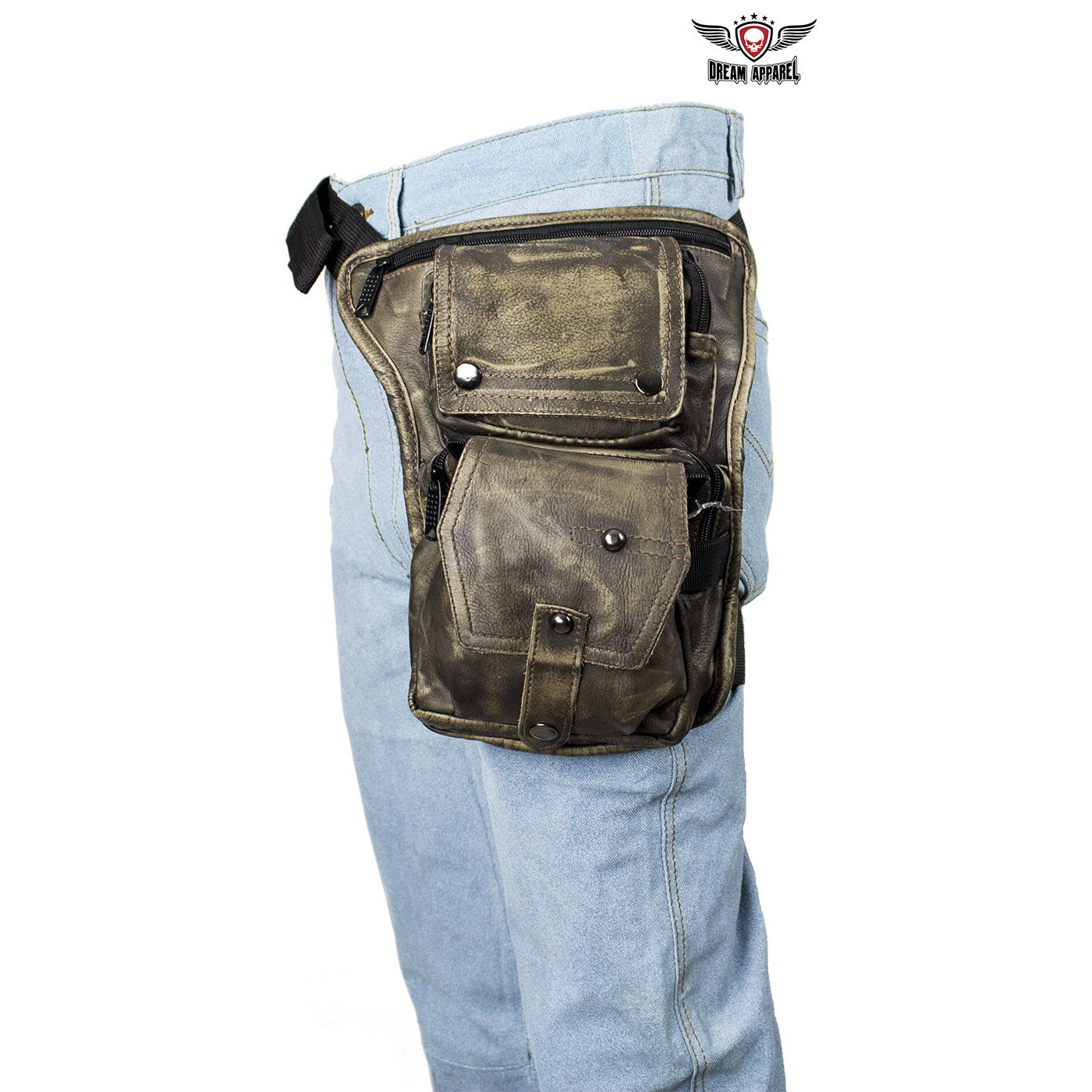 Distressed Brown Leather Multi Pocket Thigh Bags with Gun Pocket