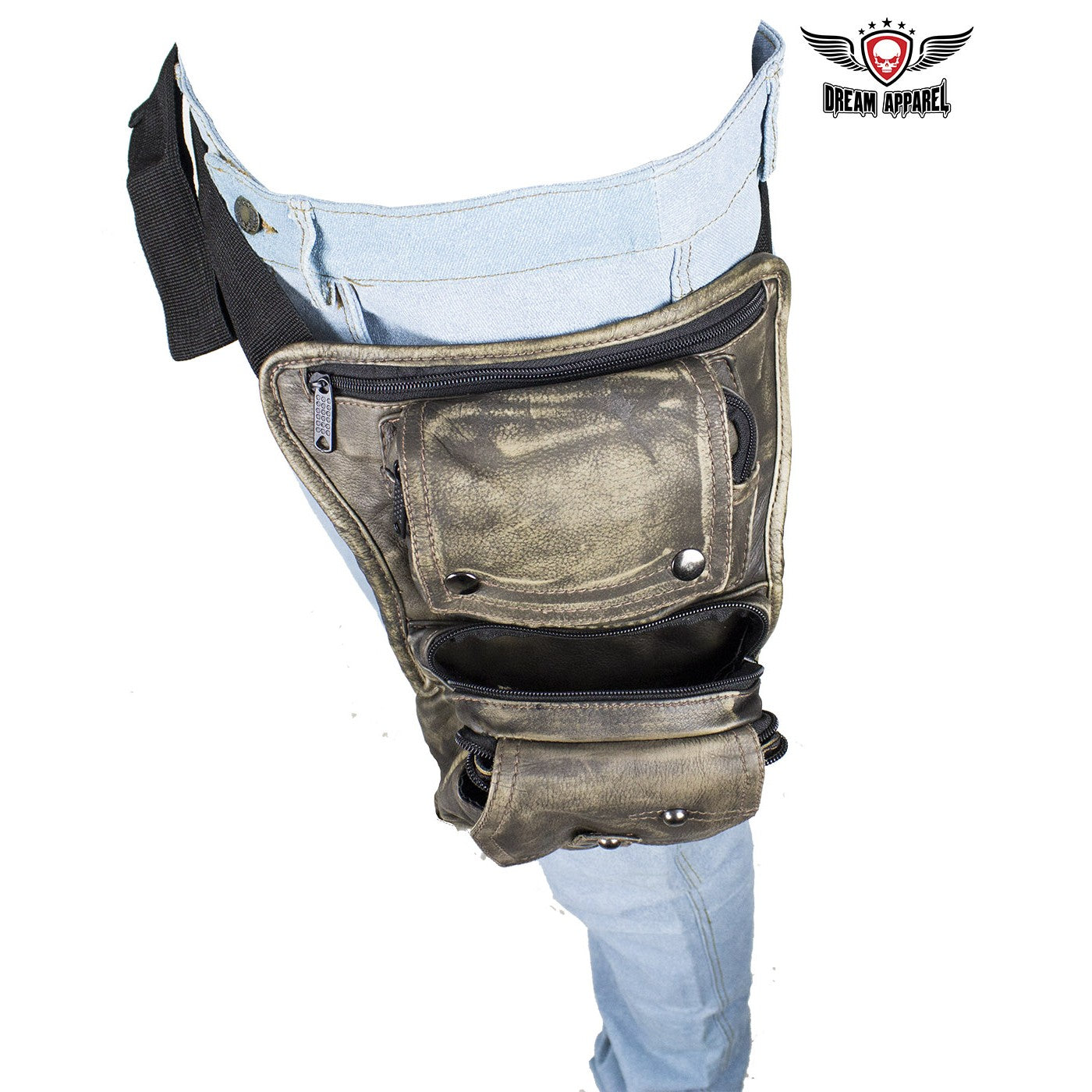 Distressed Brown Leather Multi Pocket Thigh Bags with Gun Pocket