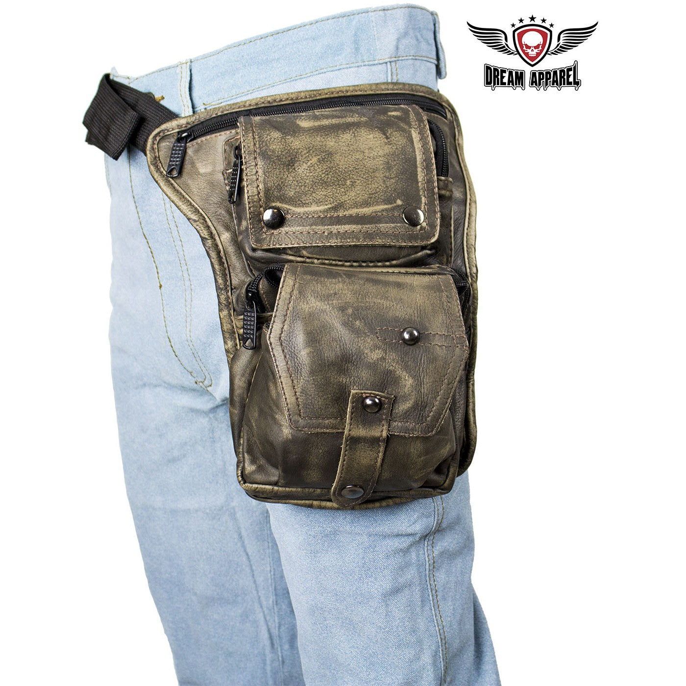 Distressed Brown Leather Multi Pocket Thigh Bags with Gun Pocket