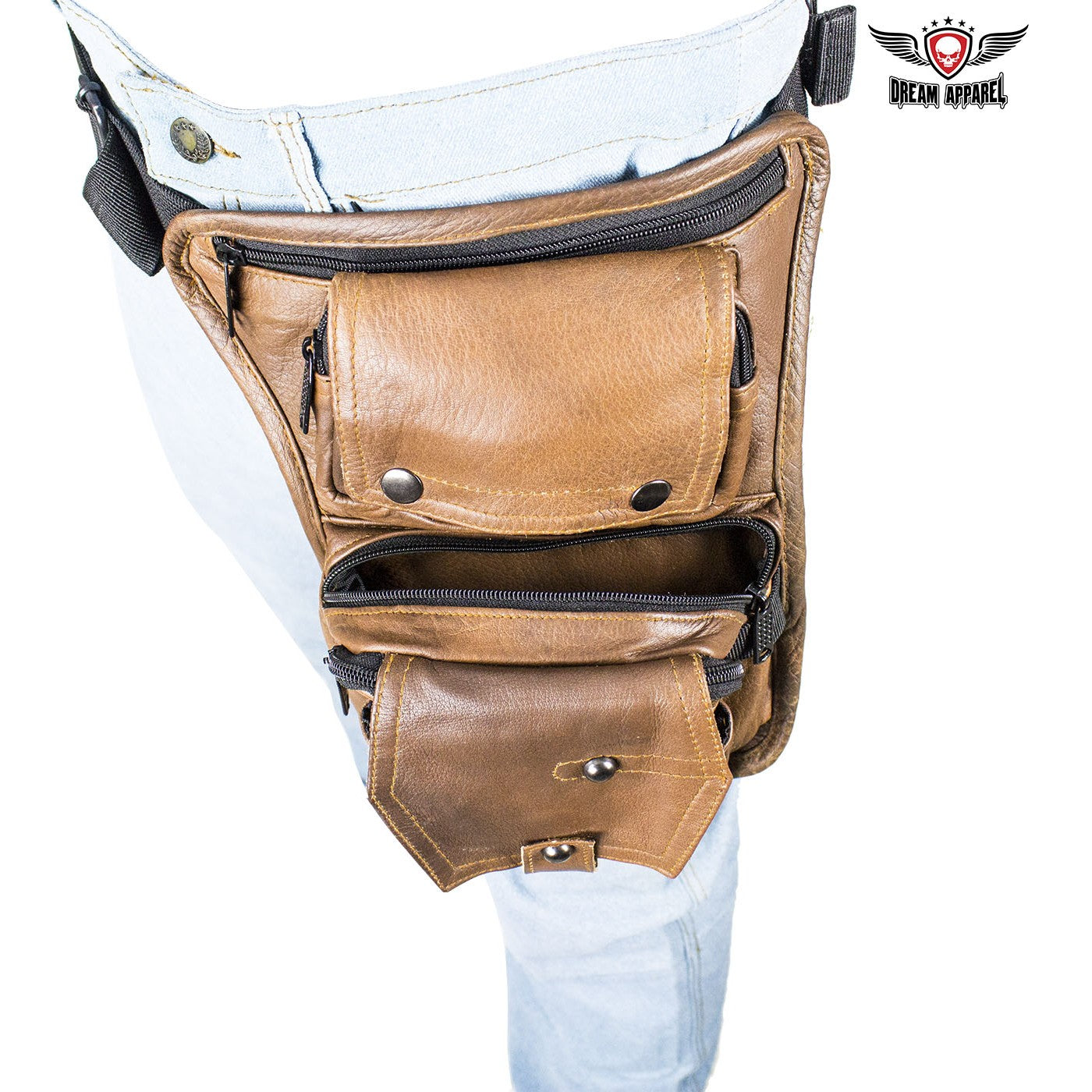 Premier Brown Leather Multi Pocket Thigh Bags with Gun Pocket