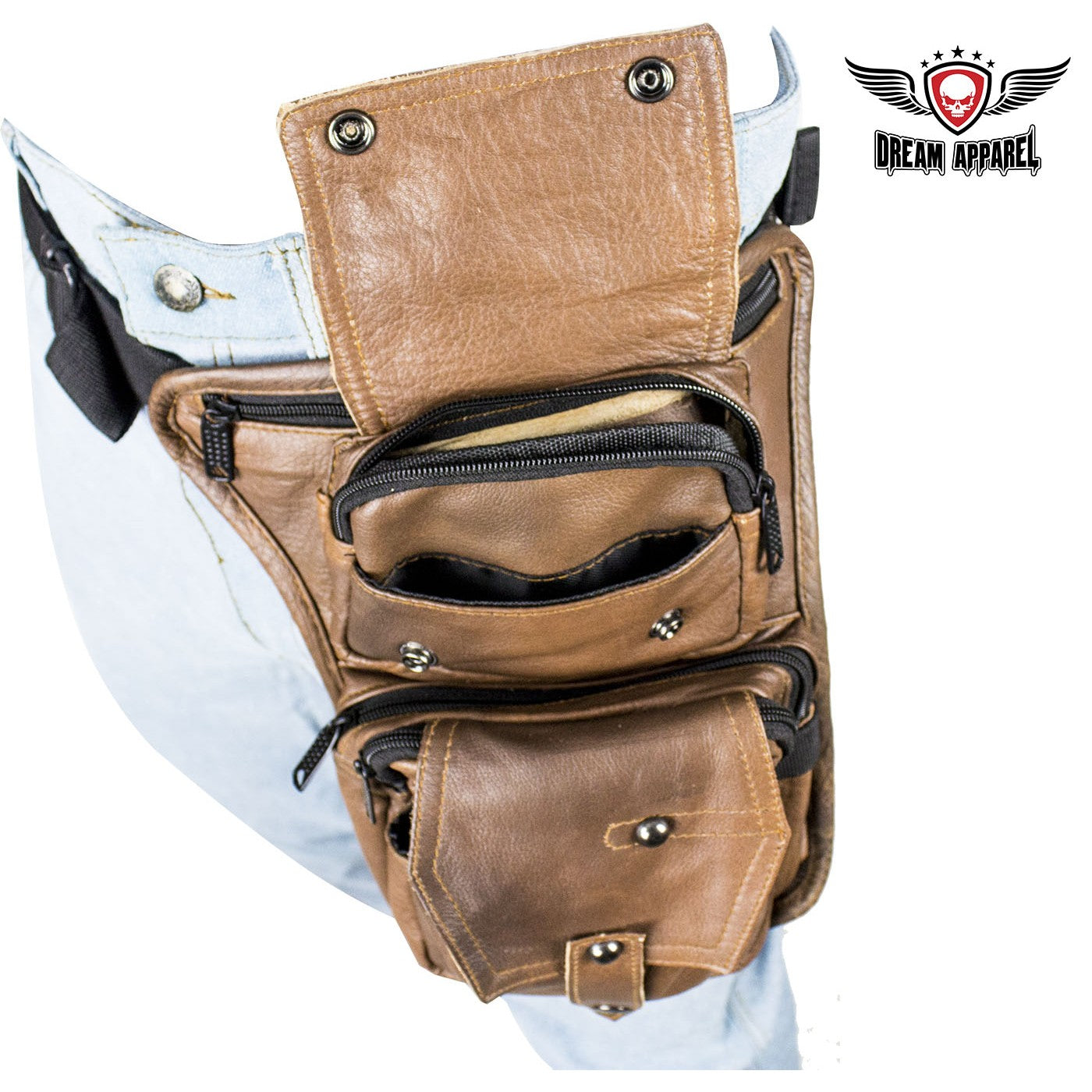 Premier Brown Leather Multi Pocket Thigh Bags with Gun Pocket