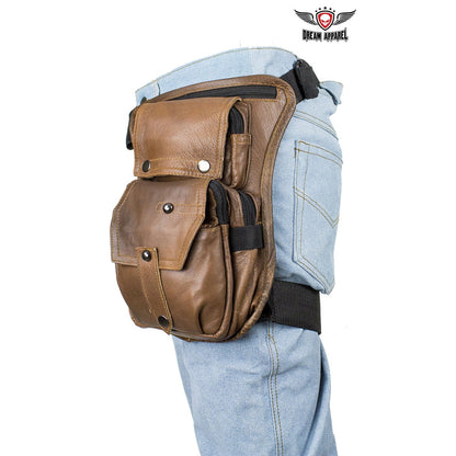 Premier Brown Leather Multi Pocket Thigh Bags with Gun Pocket