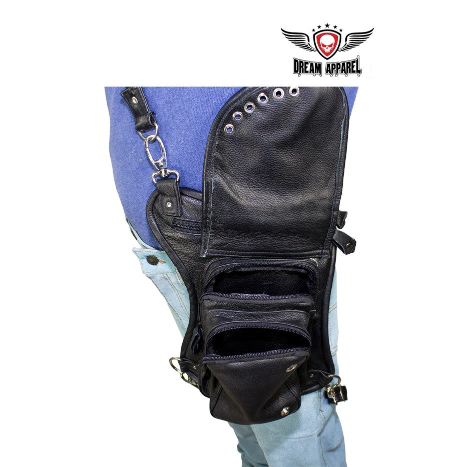 Black Naked Cowhide Leather Thigh Bag W/ Gun Pocket