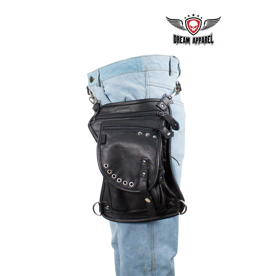 Black Naked Cowhide Leather Thigh Bag W/ Gun Pocket