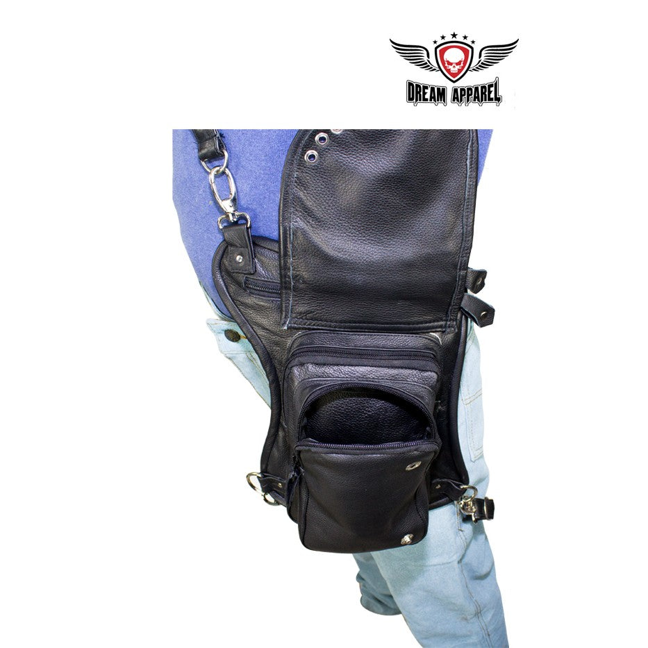 Black Naked Cowhide Leather Thigh Bag W/ Gun Pocket