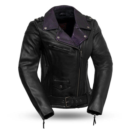 LADIES RIDING BEAUTIFUL LEATHER JACKET M/C STYLE PURPLE COLORING