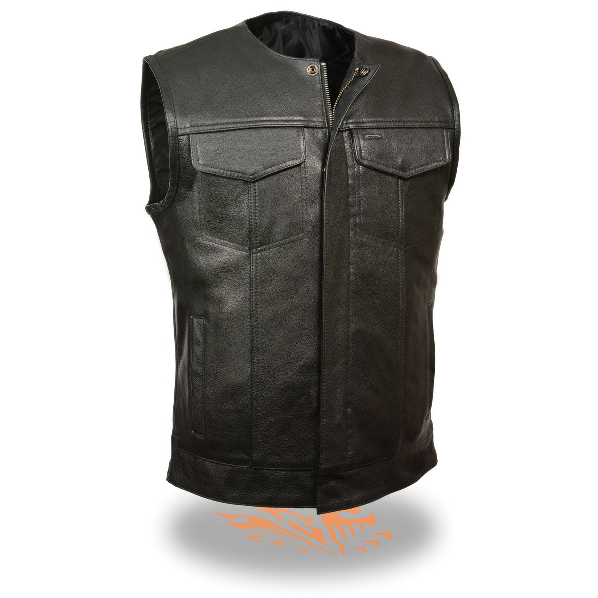 Men's Collarless Dual Snap and Zipper Front Closure Club Leather Vest