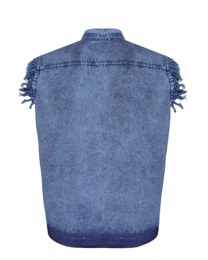 Mens Biker Cuttoff Cotton Shirt Stonewash Royal Blue