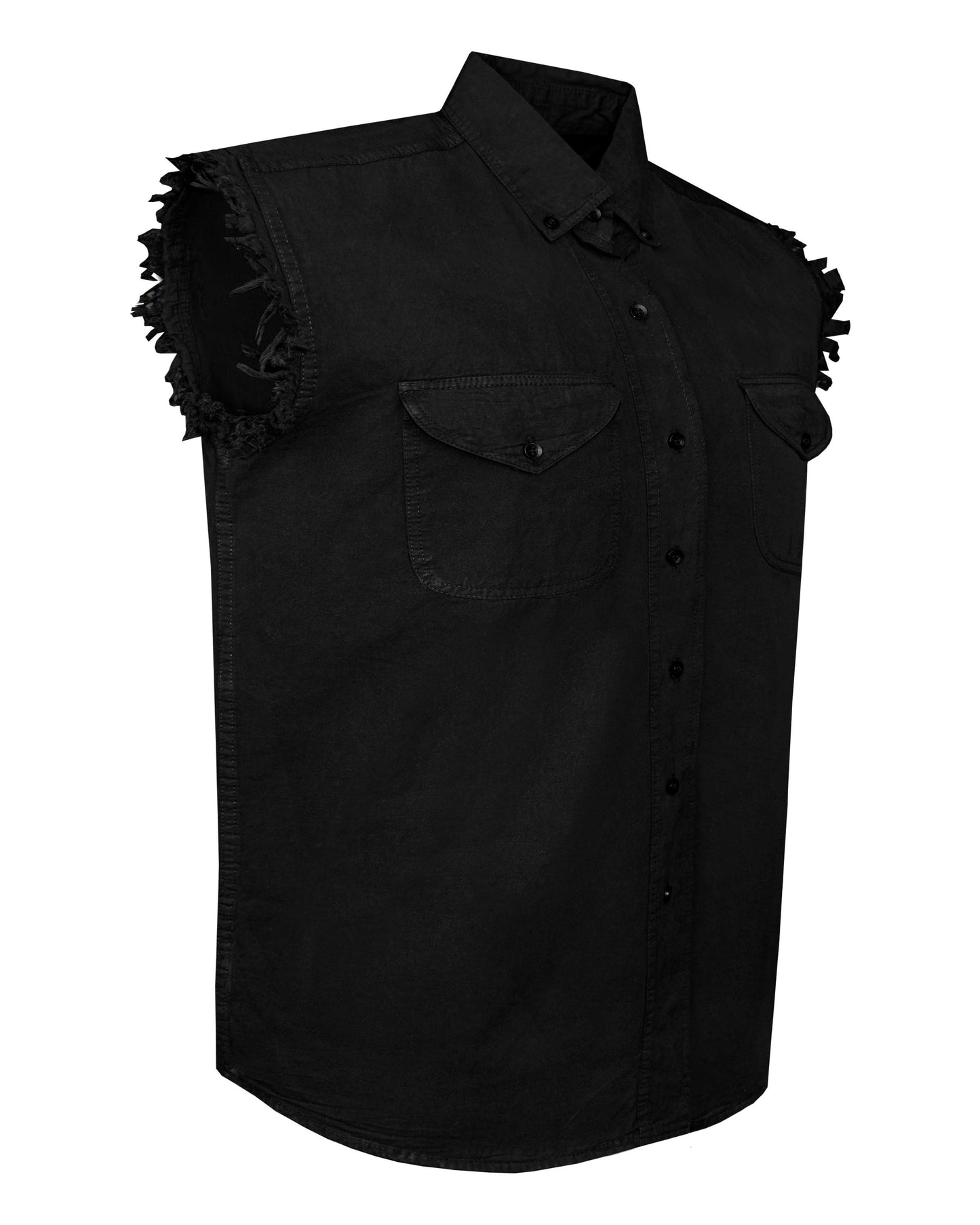 Mens Biker Cuttoff Cotton Shirt Solid Black