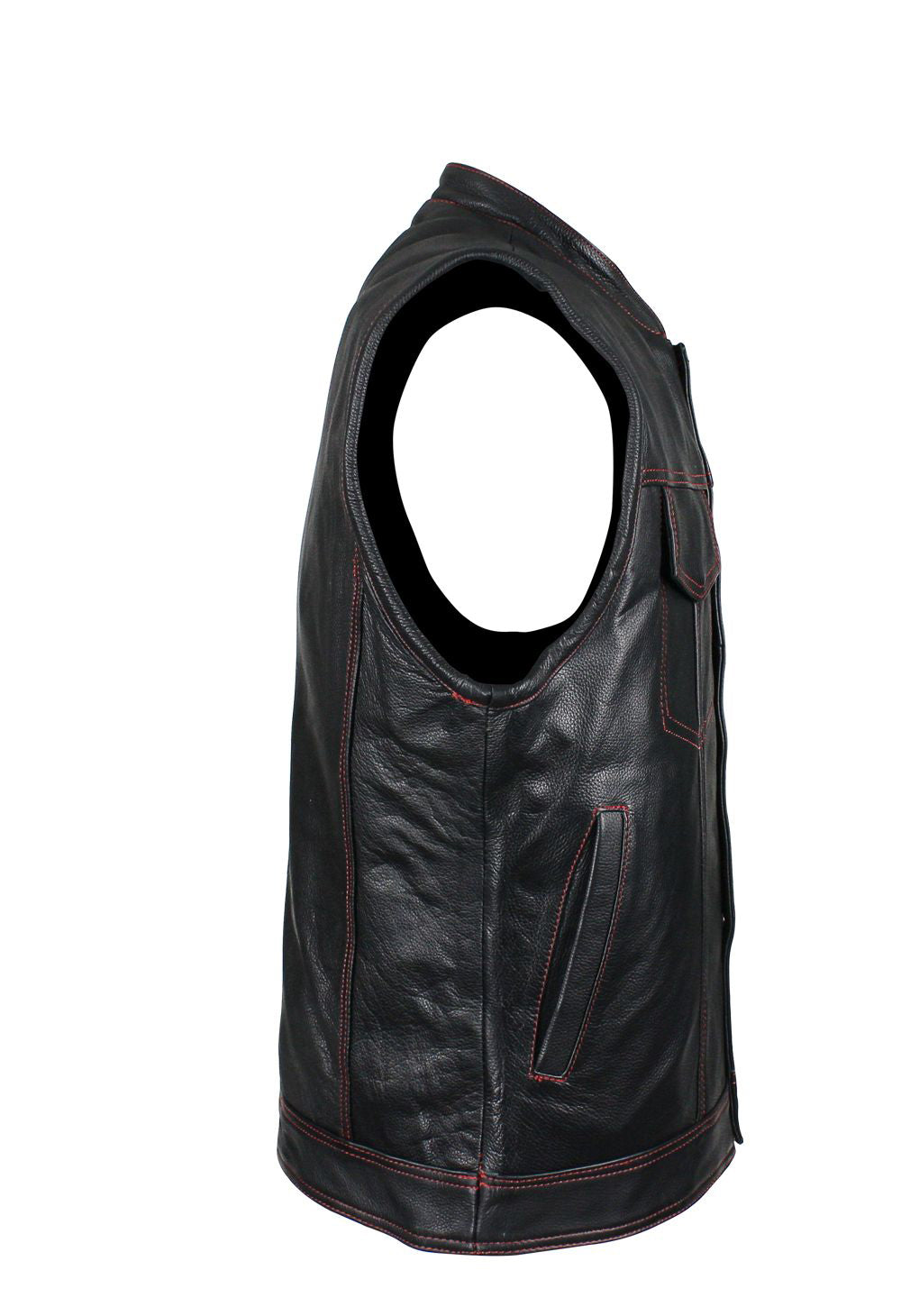 Men's Black Naked Cowhide Leather Motorcycle Vest W/ Red Stitching