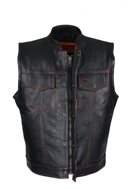 Men's Black Naked Cowhide Leather Motorcycle Vest W/ Red Stitching