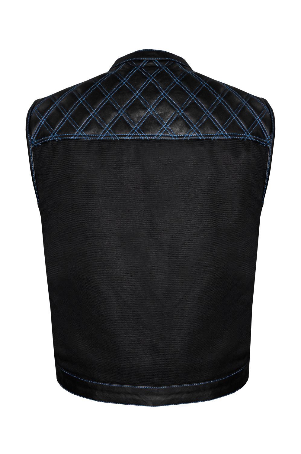 Mens Black Denim & Leather Motorcycle Club Vest Blue Thread Zipper Front, Diamond Padding