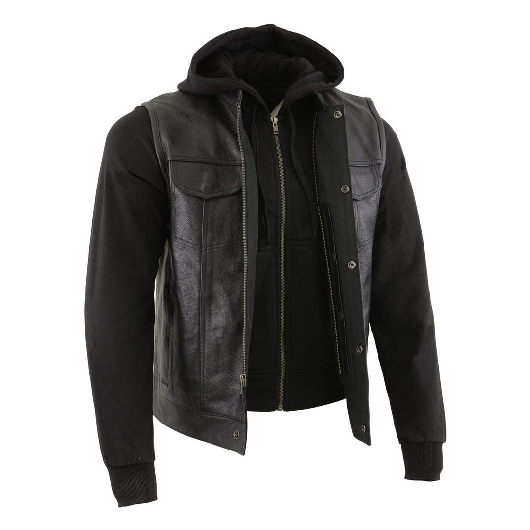 Men's Black Leather Club Style Vest with Full Sleeve Hoodie and Quick Draw Pocket