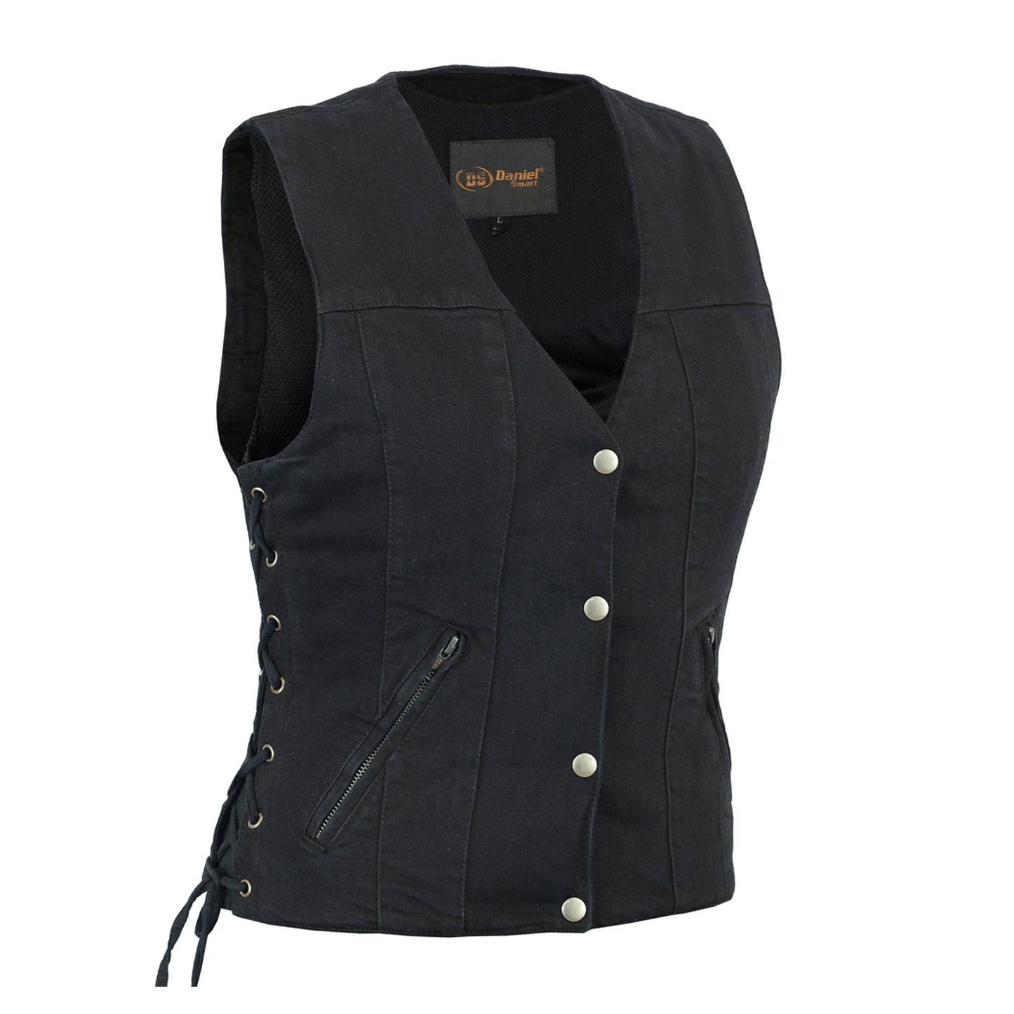 Women's Single Back Panel Denim Vest With 2 Snap Closure Inside Concealed Pockets