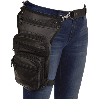 BLACK CARRY LEATHER THIGH BAG WITH WAIST BELT AND CONCEALED GUN POCKET