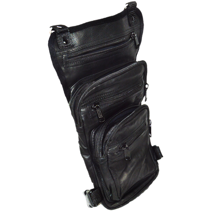 BLACK CARRY LEATHER THIGH BAG WITH WAIST BELT AND CONCEALED GUN POCKET