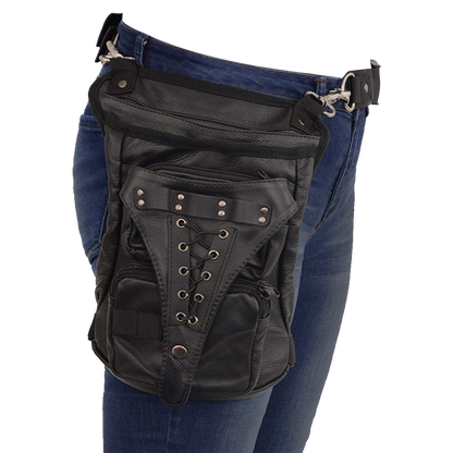 BLACK CARRY LEATHER THIGH BAG WITH WAIST BELT