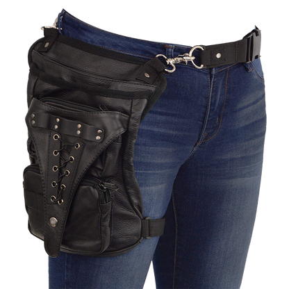BLACK CARRY LEATHER THIGH BAG WITH WAIST BELT