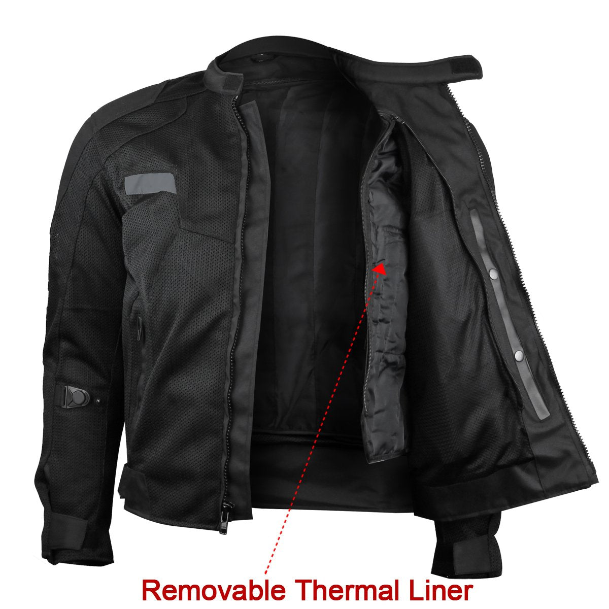 BLACK MESH MOTORCYCLE JACKET WITH INSULATED LINER AND CE ARMOR