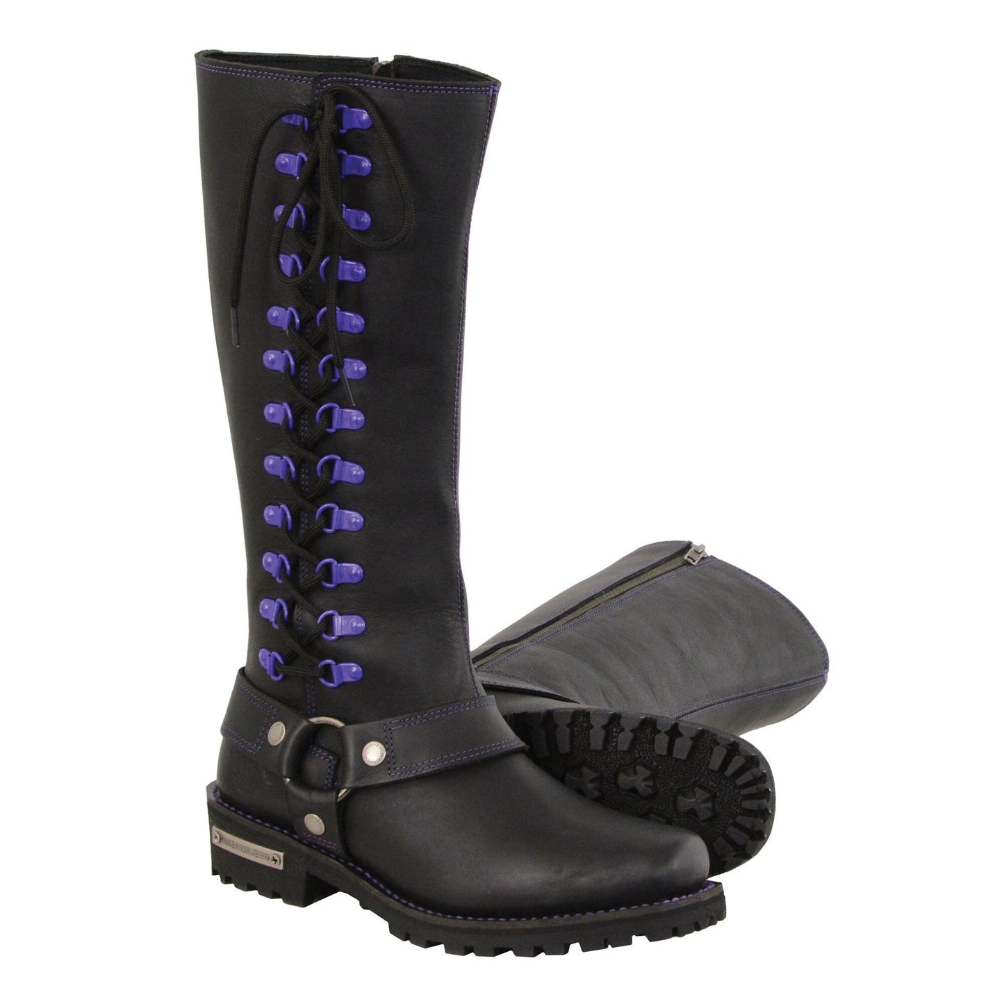 Milwaukee Leather MBL9366 Ladies Black 14 Inch Leather Harness Boots with Purple Accent Lacing