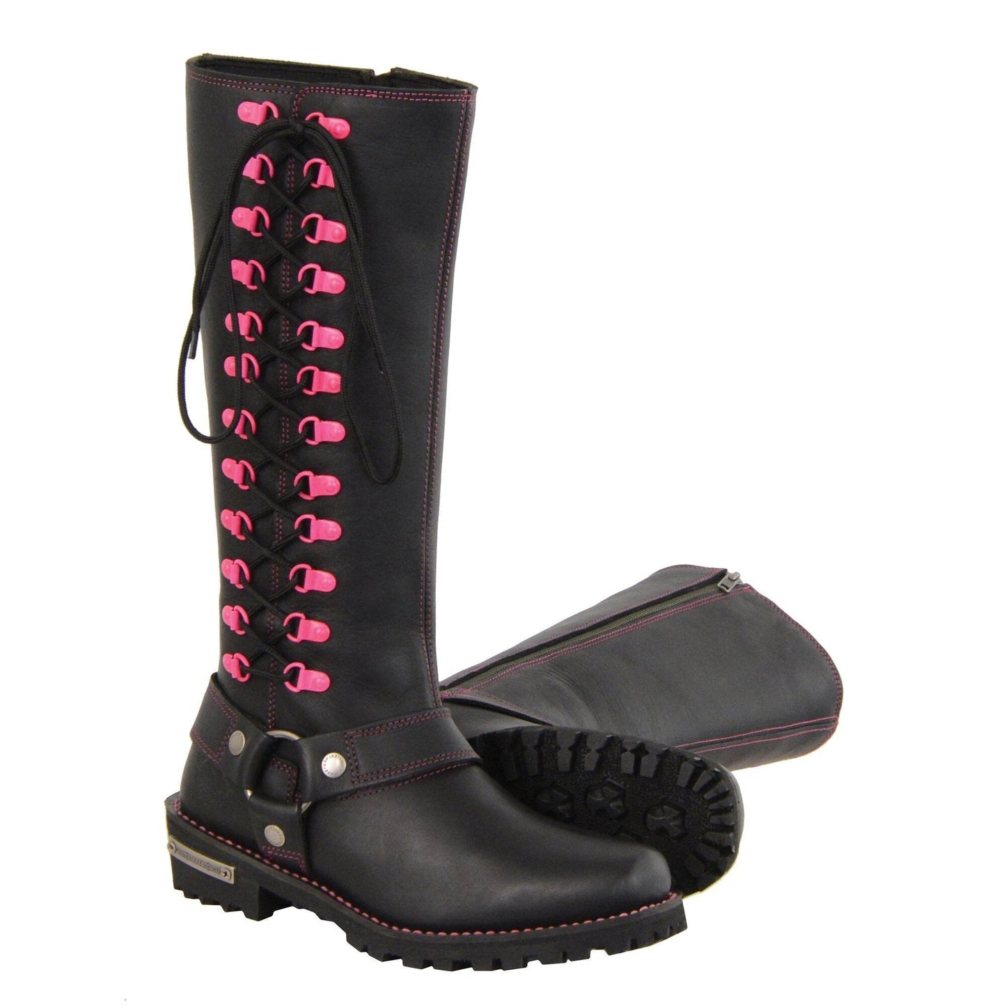 Milwaukee Leather MBL9367 Ladies Black 14 Inch Leather Harness Boots with Fuchsia Accent Lacing