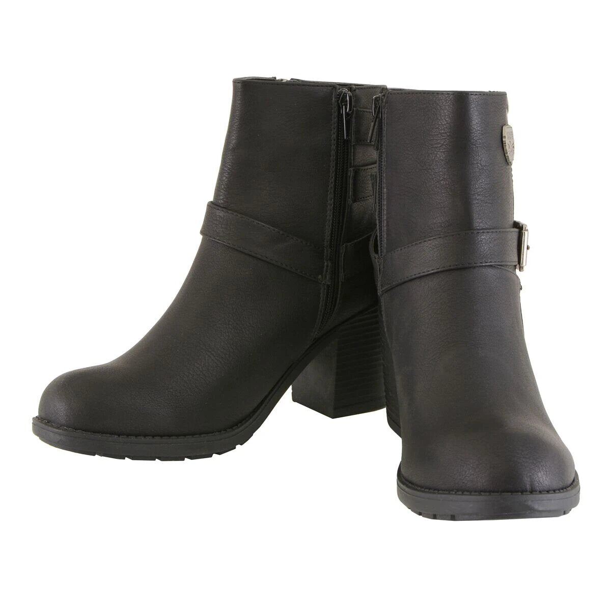 Womens Black Boots with Side Zipper and Triple Buckle Adjustment