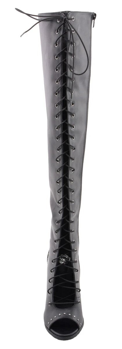 Womens Black Lace-Up Knee High Boots with Open Toe