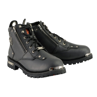 Men's Black Leather Lace-Up Boots with Double Sided Zipper Entry