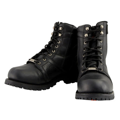 Men's Black Lace-Up Motorcycle Riding Leather Boots with Side Zipper Entry