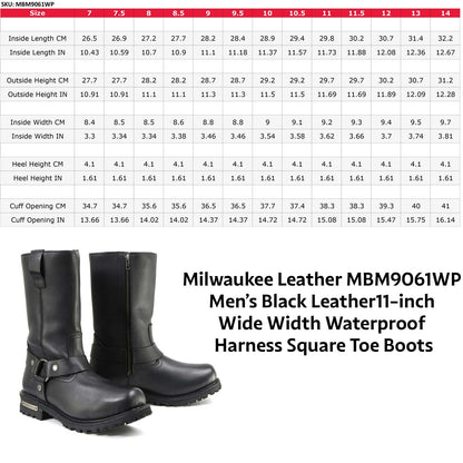 Men’s Black Leather11-inch Wide Width Waterproof Harness Square Toe Boots
