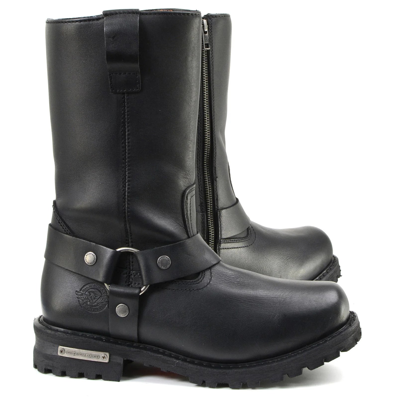 Men s Black Leather11 inch Wide Width Waterproof Harness Square Toe Boots