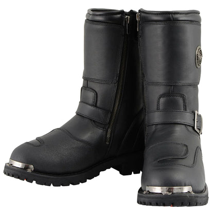 Men's Black Leather Engineer Boots with Reflective Piping and Gear Shift Protection
