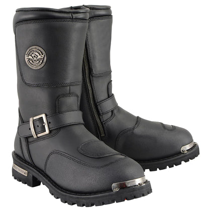 Men's Black Leather Engineer Boots with Reflective Piping and Gear Shift Protection